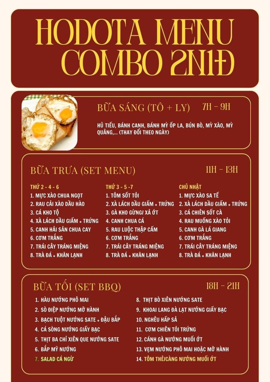 Hodota menu combo 2 ngày 1 đêm